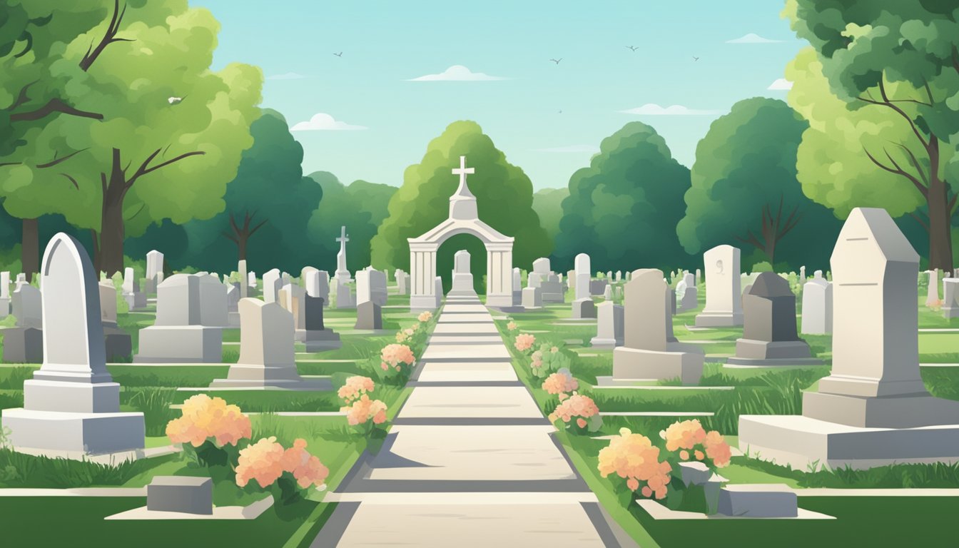 A serene cemetery with rows of burial plots, marked with headstones and surrounded by peaceful greenery