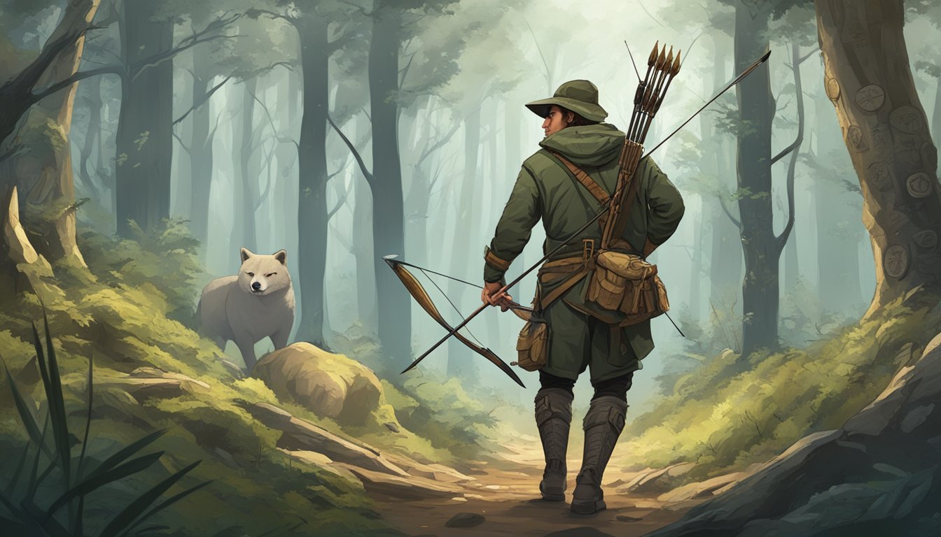 A hunter stalking through a dense forest with a bow and arrow, surrounded by ancient symbols and artifacts