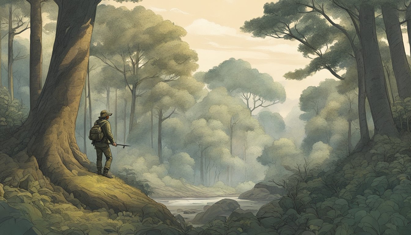 A modern hunter stands at the edge of a dense forest, surrounded by ancient trees and wildlife. The scene is filled with echoes of the past, connecting the present to our ancestors' hunting practices