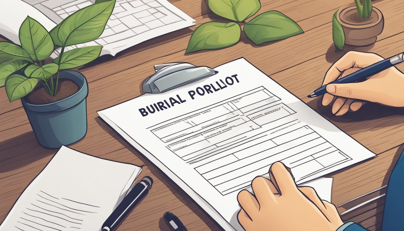 A hand holding a pen filling out a burial plot transfer form on a wooden desk with a potted plant in the background