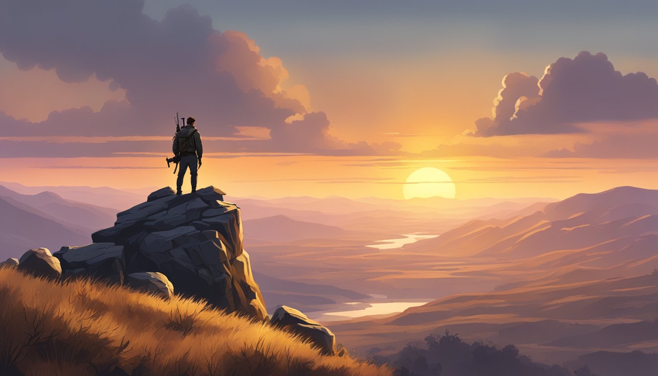 A hunter standing on a rocky outcrop, gazing out over a vast, wild landscape. The sun sets in the distance, casting a warm glow over the rugged terrain