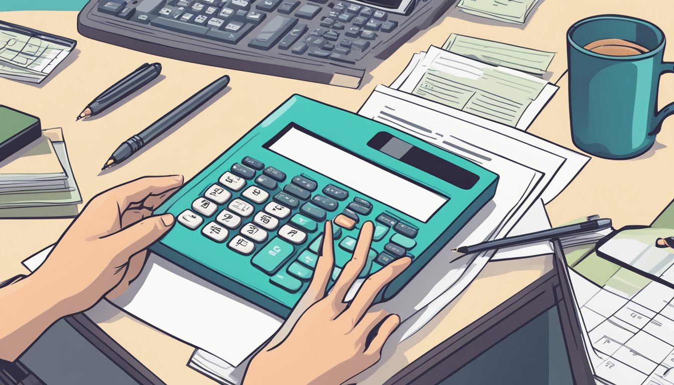 A hand holding a pen, filling out a burial plot transfer form on a desk, surrounded by financial documents and a calculator