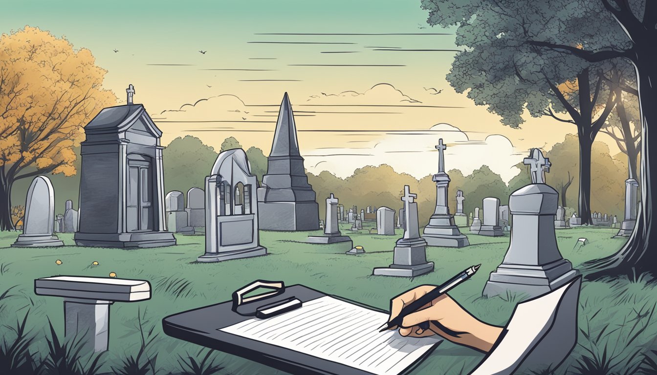 A hand holding a pen, filling out a form on a clipboard, with a cemetery in the background