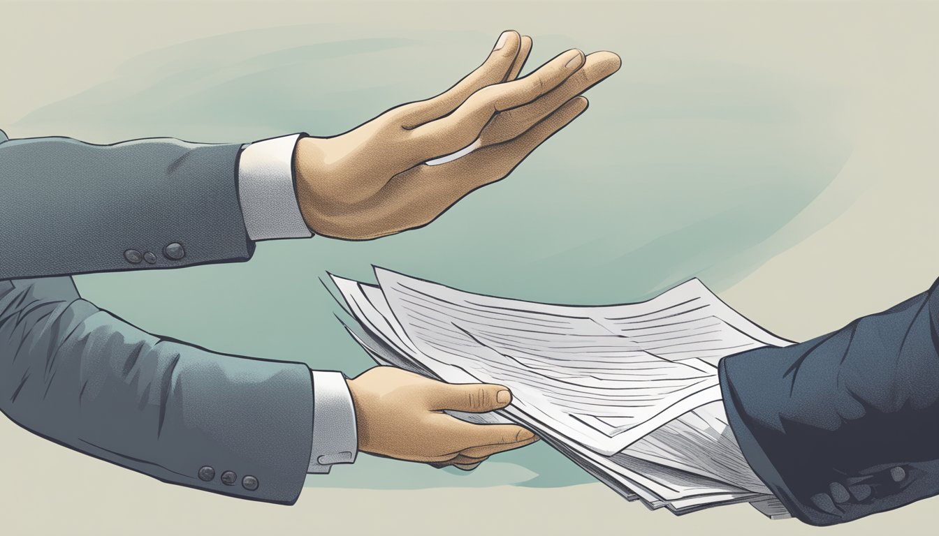 A hand reaching out to hand over a document to another hand