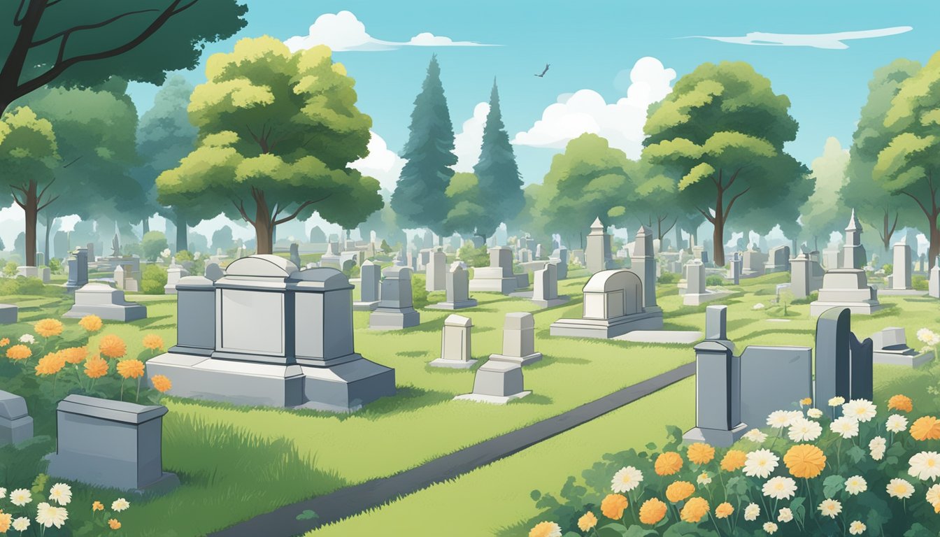 A serene cemetery with neatly arranged burial plots under a clear blue sky