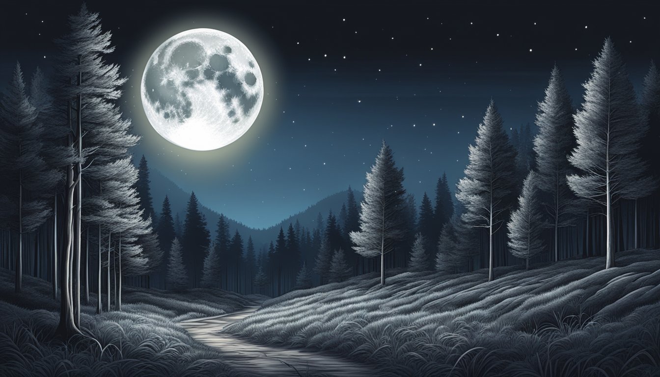 A full moon rising over a dark forest, casting a silver glow on the trees and illuminating the path for nocturnal hunters