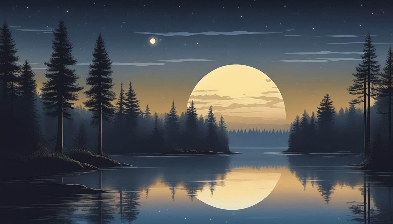 The Hunter's Moon illuminates a serene forest clearing, casting a soft glow on the still waters of a tranquil pond. The silhouettes of tall trees stand tall against the night sky, creating a peaceful and reflective atmosphere