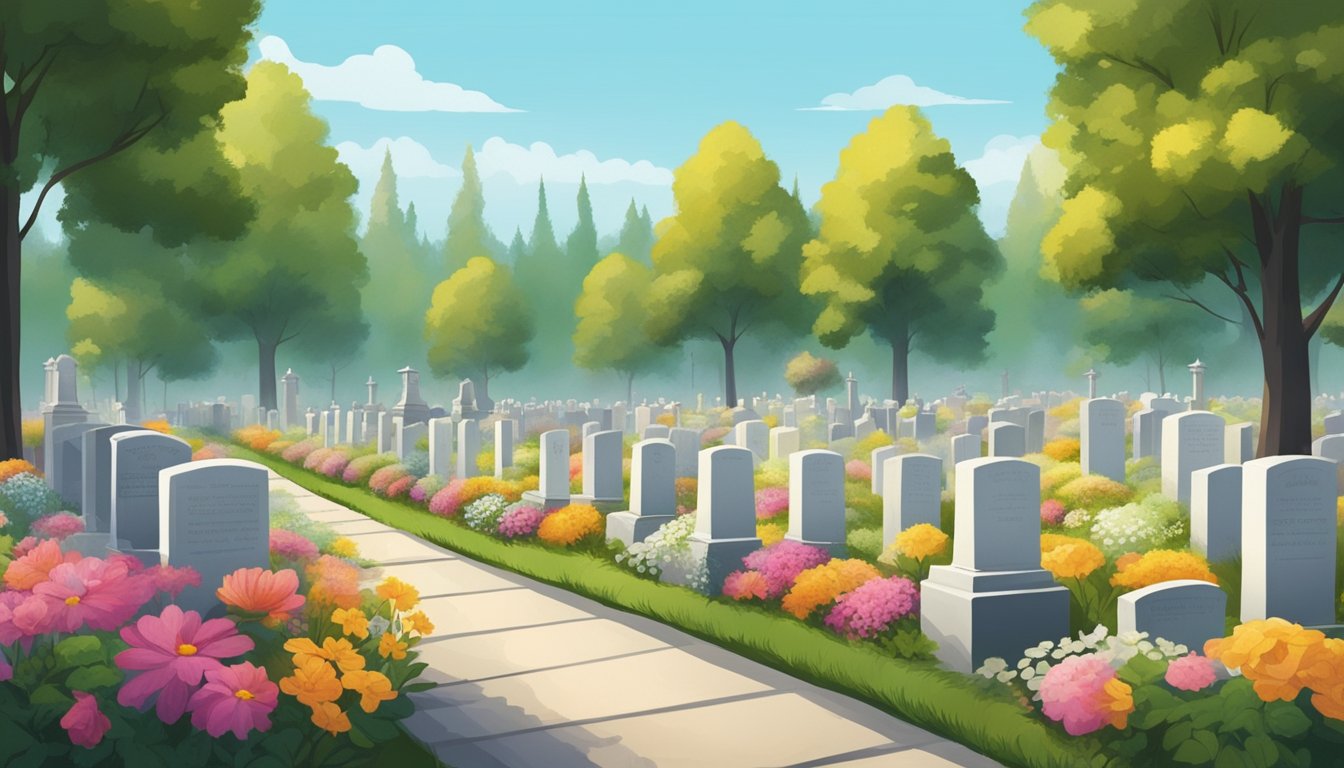 A peaceful cemetery with rows of burial plots, marked with years of passing, surrounded by tall trees and colorful flowers