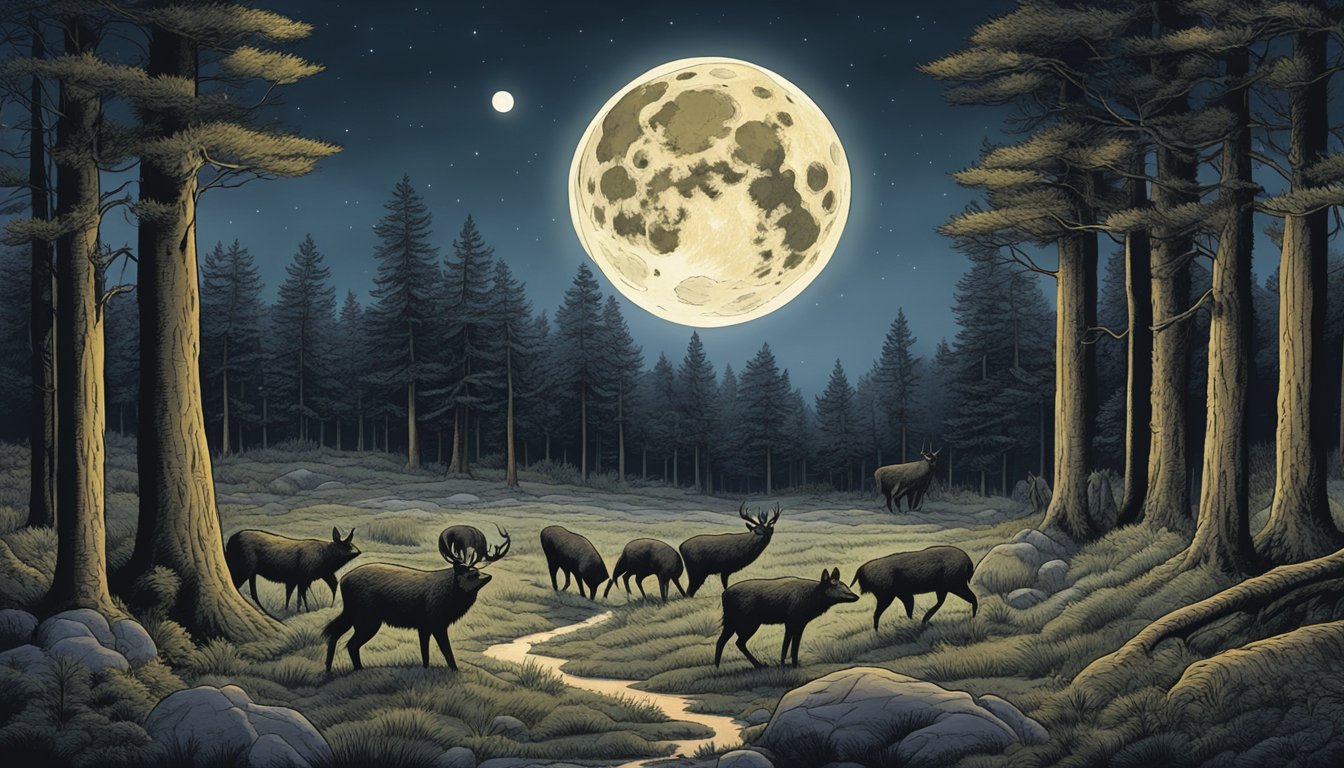 A full moon illuminates a forest clearing, as nocturnal animals gather to hunt and reflect under the Hunter's Moon