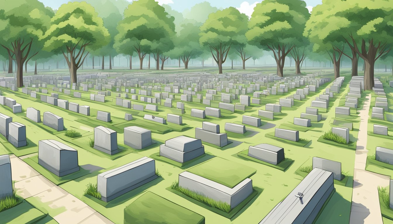 A serene cemetery with rows of burial plots, surrounded by lush greenery and marked with simple headstones