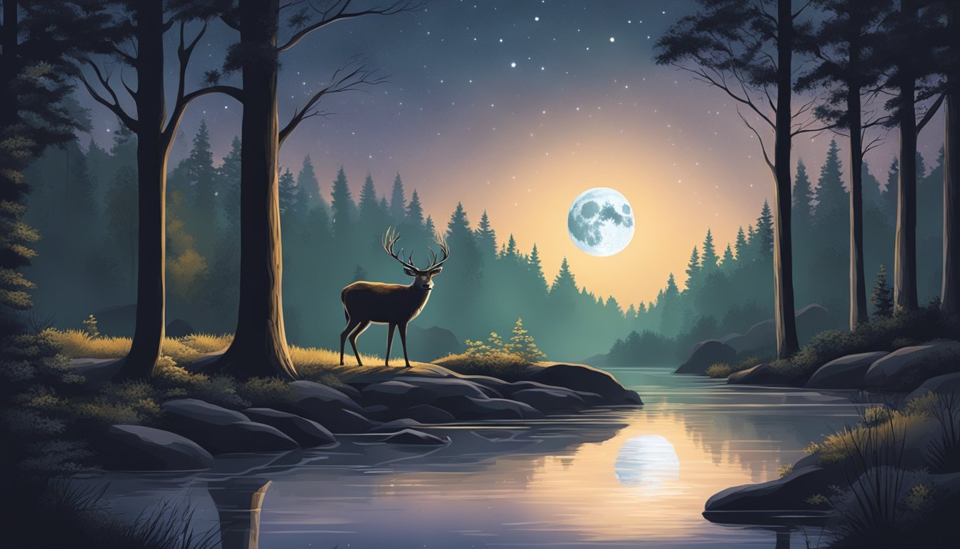 A serene forest clearing under the glow of the Hunter's Moon, with a peaceful stream and a lone deer drinking from its waters