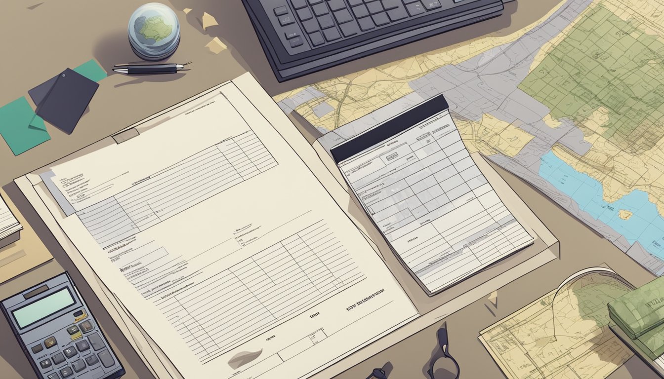 A medical bill and a funeral cost invoice lay on a desk, surrounded by paperwork and a map of a cemetery plot