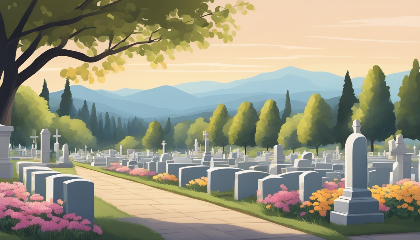 A serene cemetery with rows of burial plots, surrounded by trees and flowers, with a view of the distant mountains