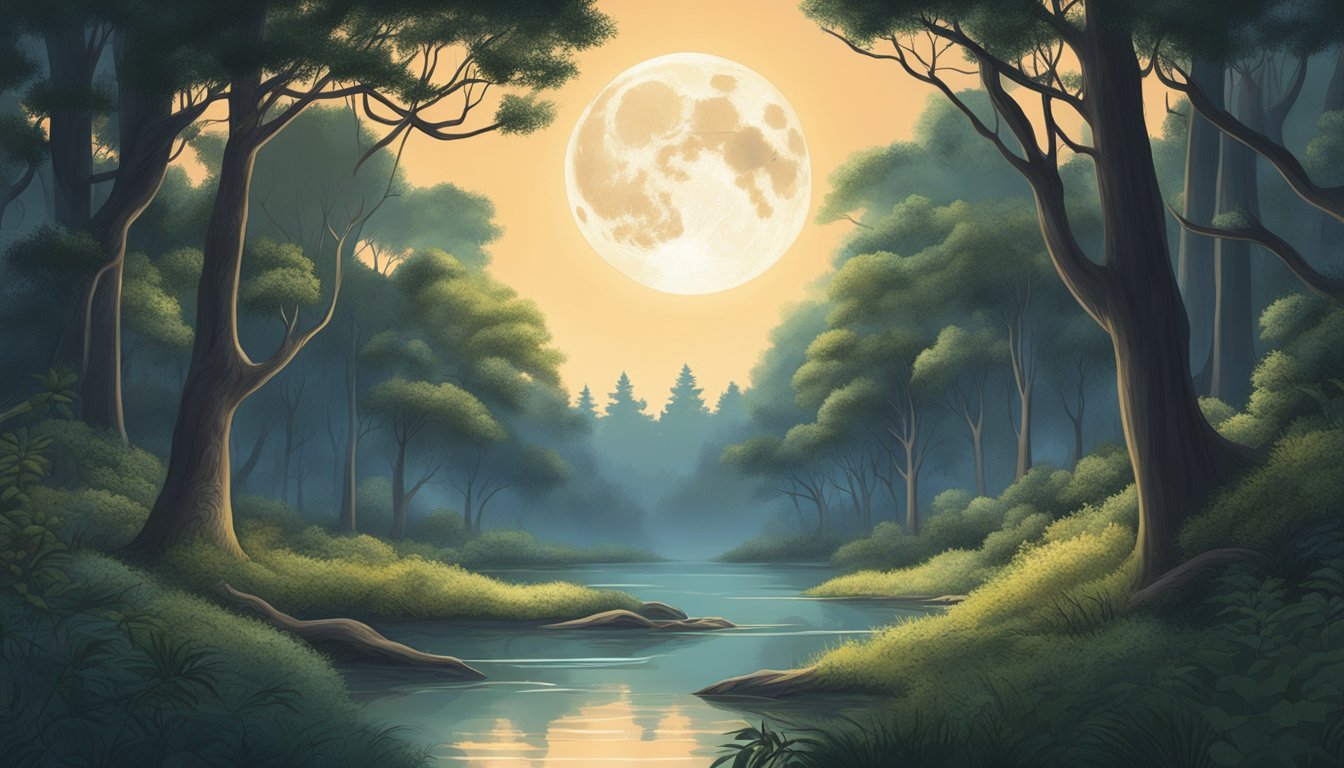 A serene forest clearing bathed in the soft glow of the full moon, surrounded by lush vegetation and teeming with wildlife