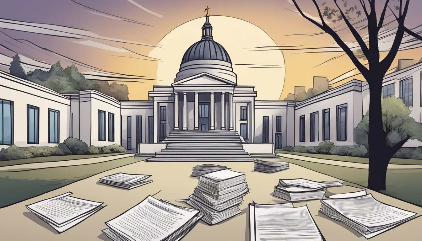 A burial plot surrounded by legal documents and tax forms, with a government building in the background