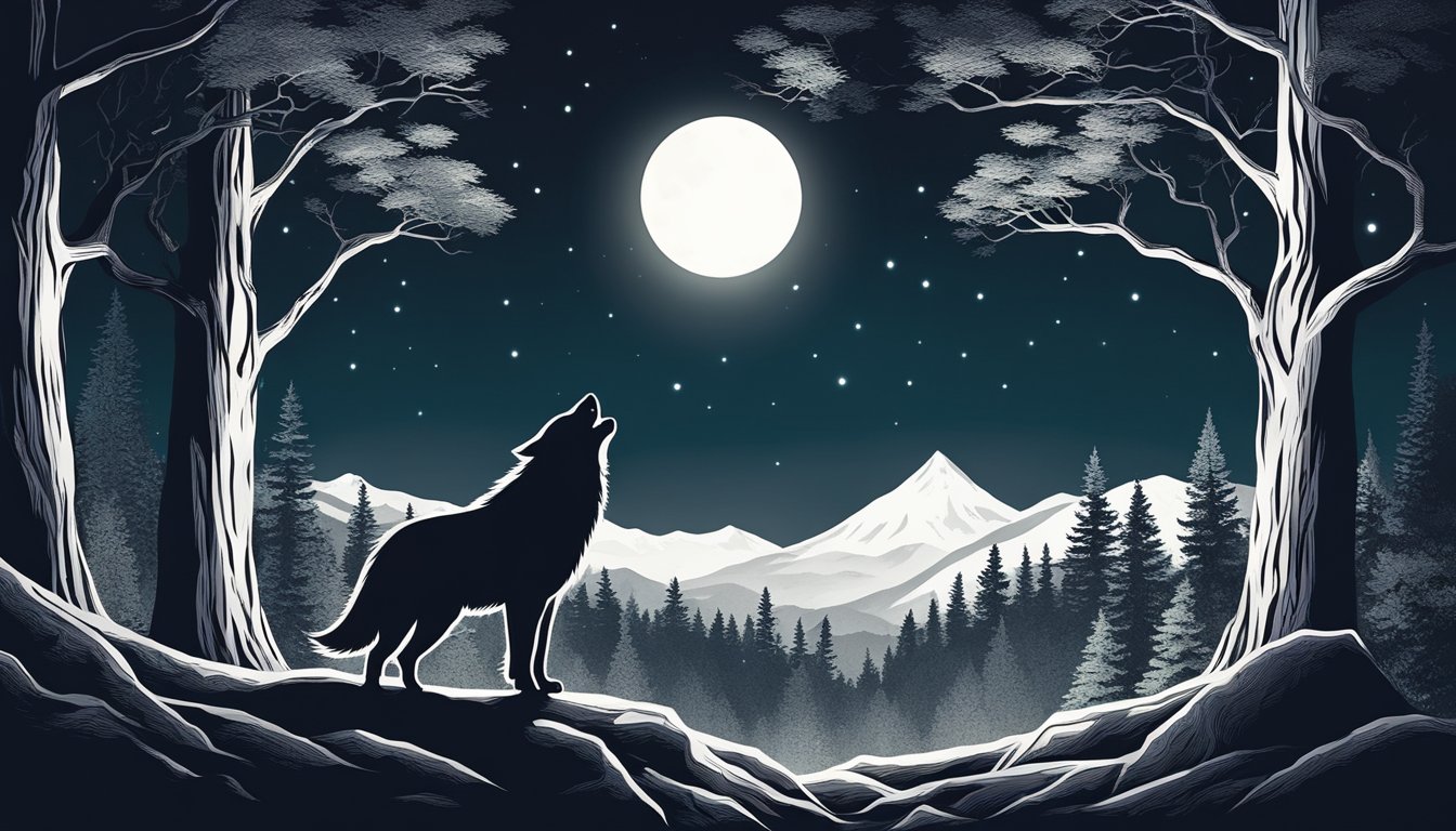 A lone wolf howling under the glowing Hunter's Moon, surrounded by a dense forest and the silhouette of a distant mountain