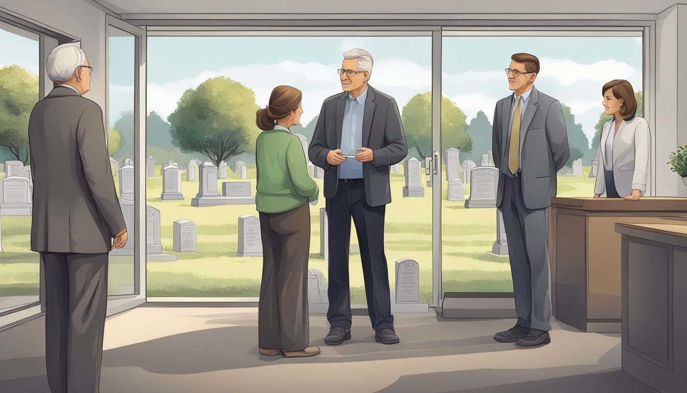 A family standing at a cemetery office, discussing the purchase of a burial plot for their deceased loved one, with years passing in the background