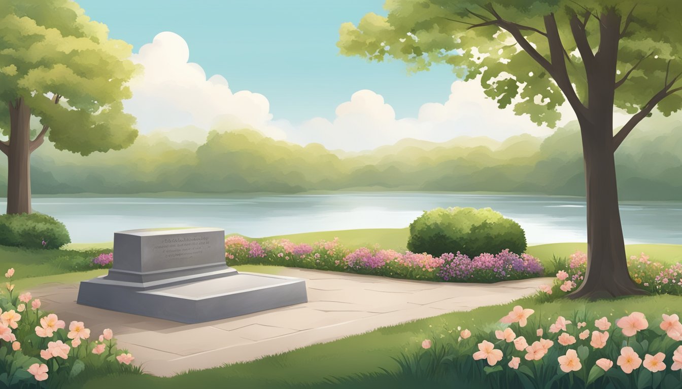 A serene burial plot with flowers, trees, and a memorial stone, surrounded by a peaceful landscape