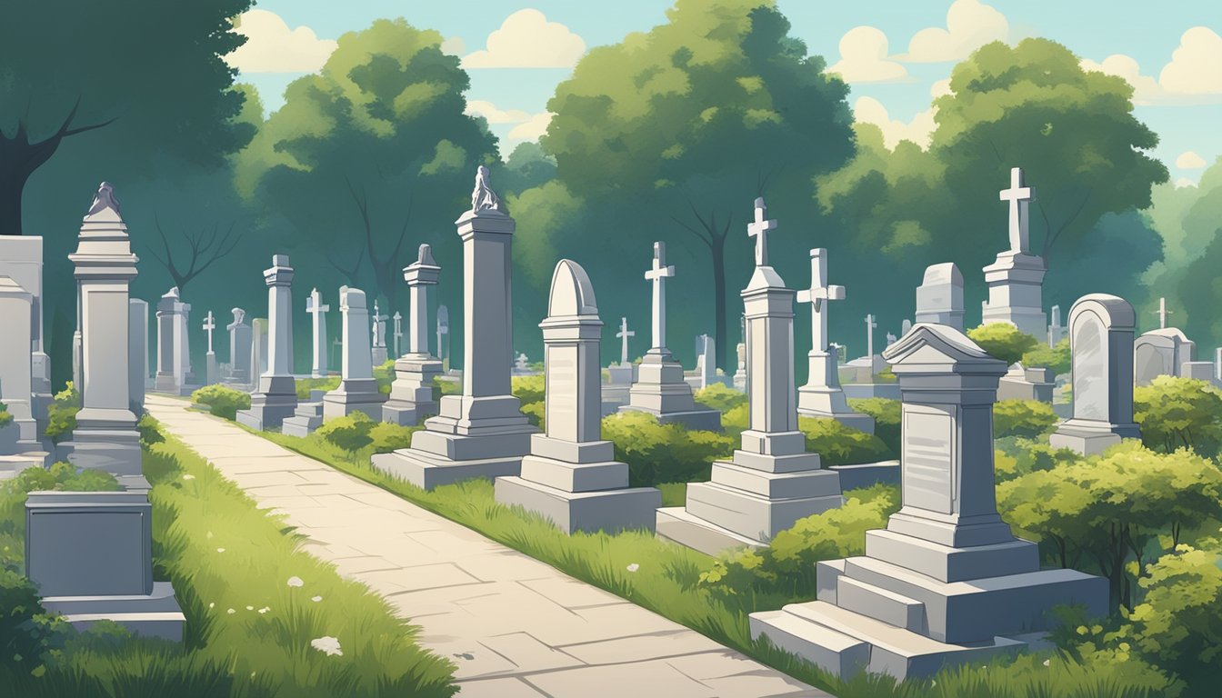 A serene cemetery with rows of burial plots, some overgrown with greenery, and others neatly maintained, under a clear blue sky