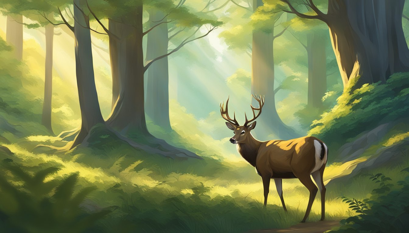 A hunter silently observes a majestic deer in a tranquil forest clearing, surrounded by vibrant greenery and dappled sunlight filtering through the trees