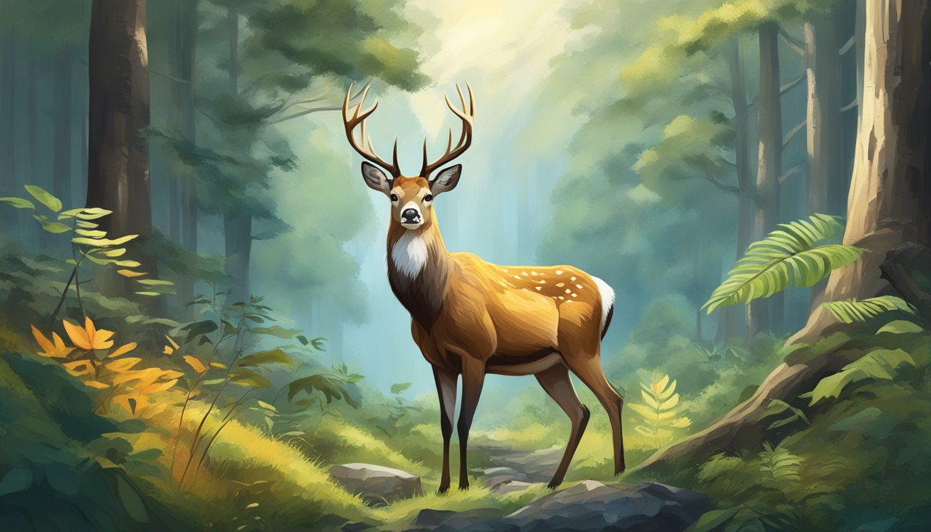 A majestic deer stands in a lush forest, surrounded by diverse wildlife and untouched natural beauty. The focus is on the harmony and balance of the ecosystem