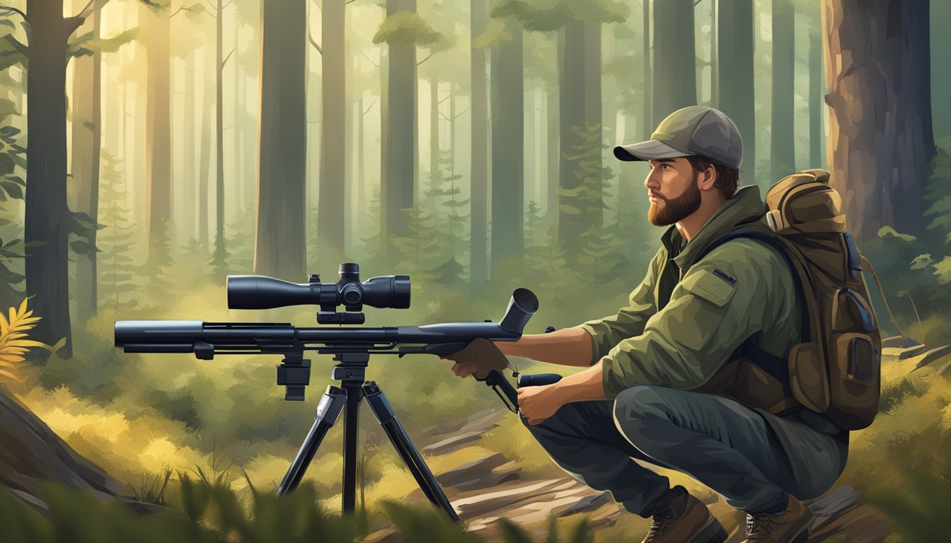 A hunter uses modern technology to track game in a forest, with media equipment and tools displayed nearby