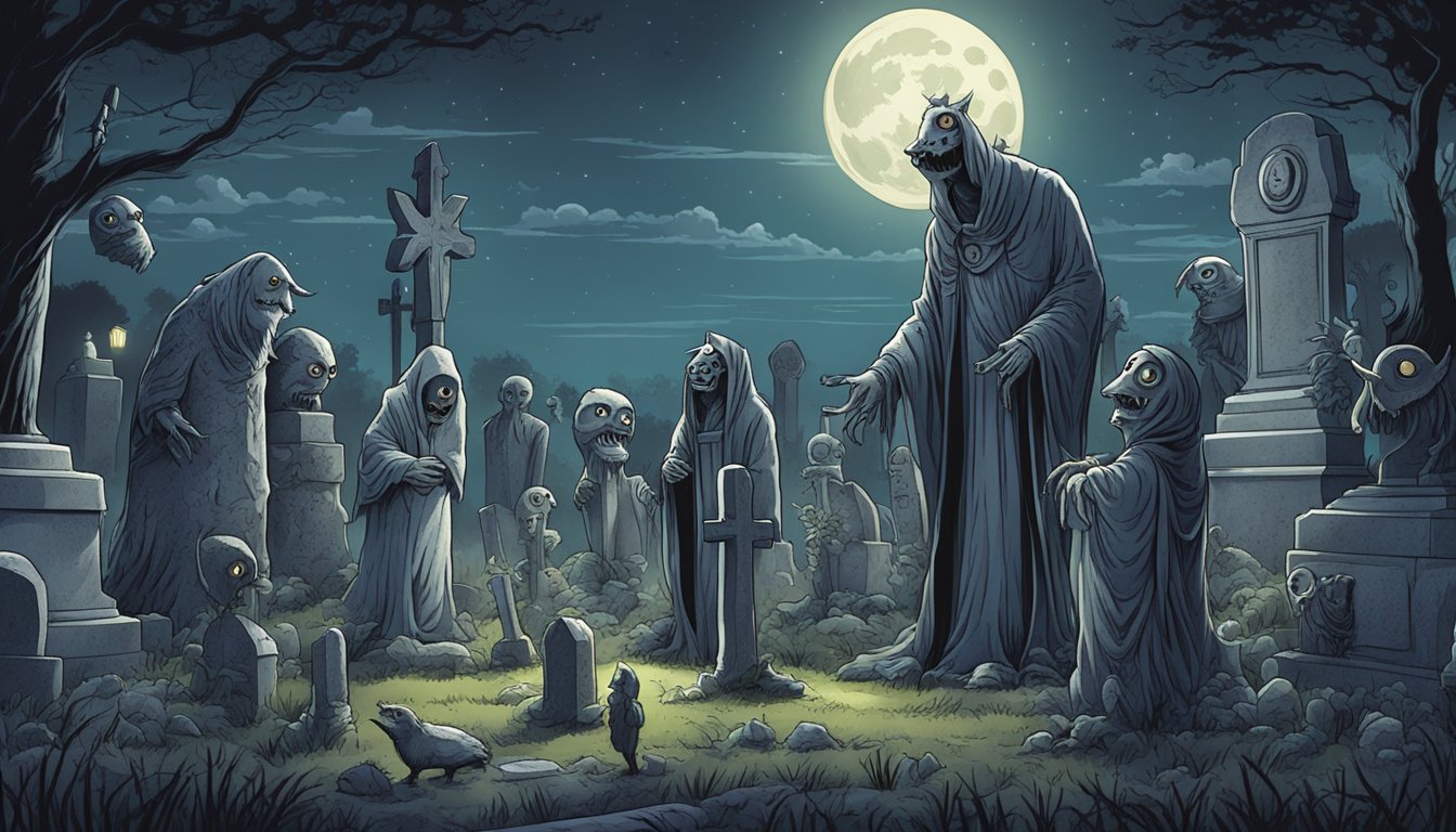 A group of eerie monsters and characters gather around a cemetery plot, tapping out a mysterious pattern in the moonlit night