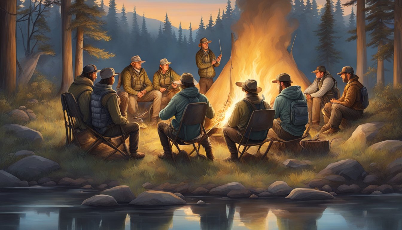 A group of hunters and wildlife enthusiasts gather around a campfire, sharing stories and experiences while surrounded by a diverse and thriving ecosystem