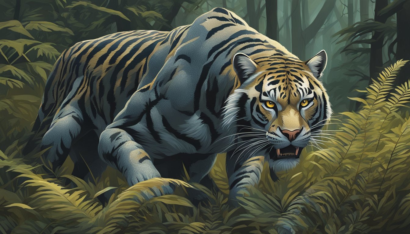 A sleek predator crouches low in the underbrush, eyes fixed on its prey. The tension in its muscles and the focused intensity in its gaze speak to the poetry of the hunt