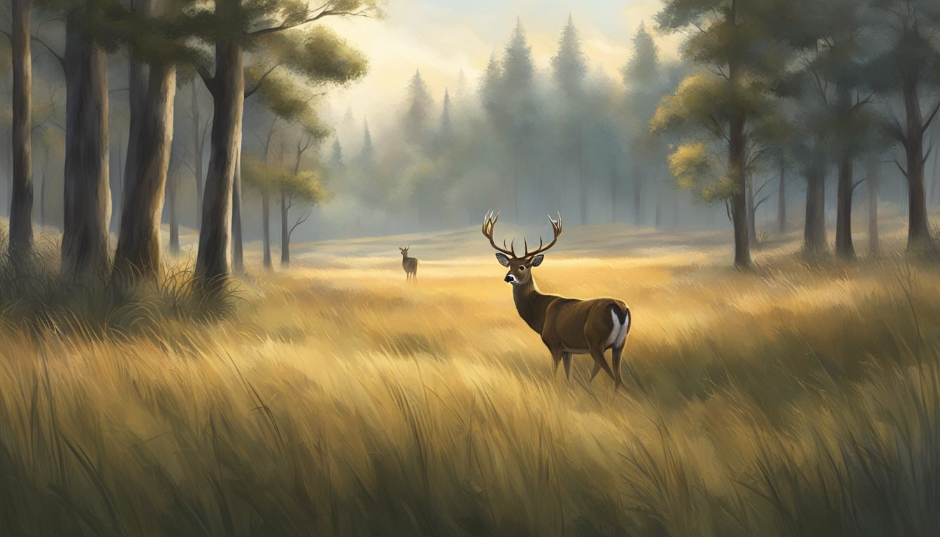 A lone hunter silently approaches a grazing deer, blending into the surrounding landscape of tall grass and scattered trees