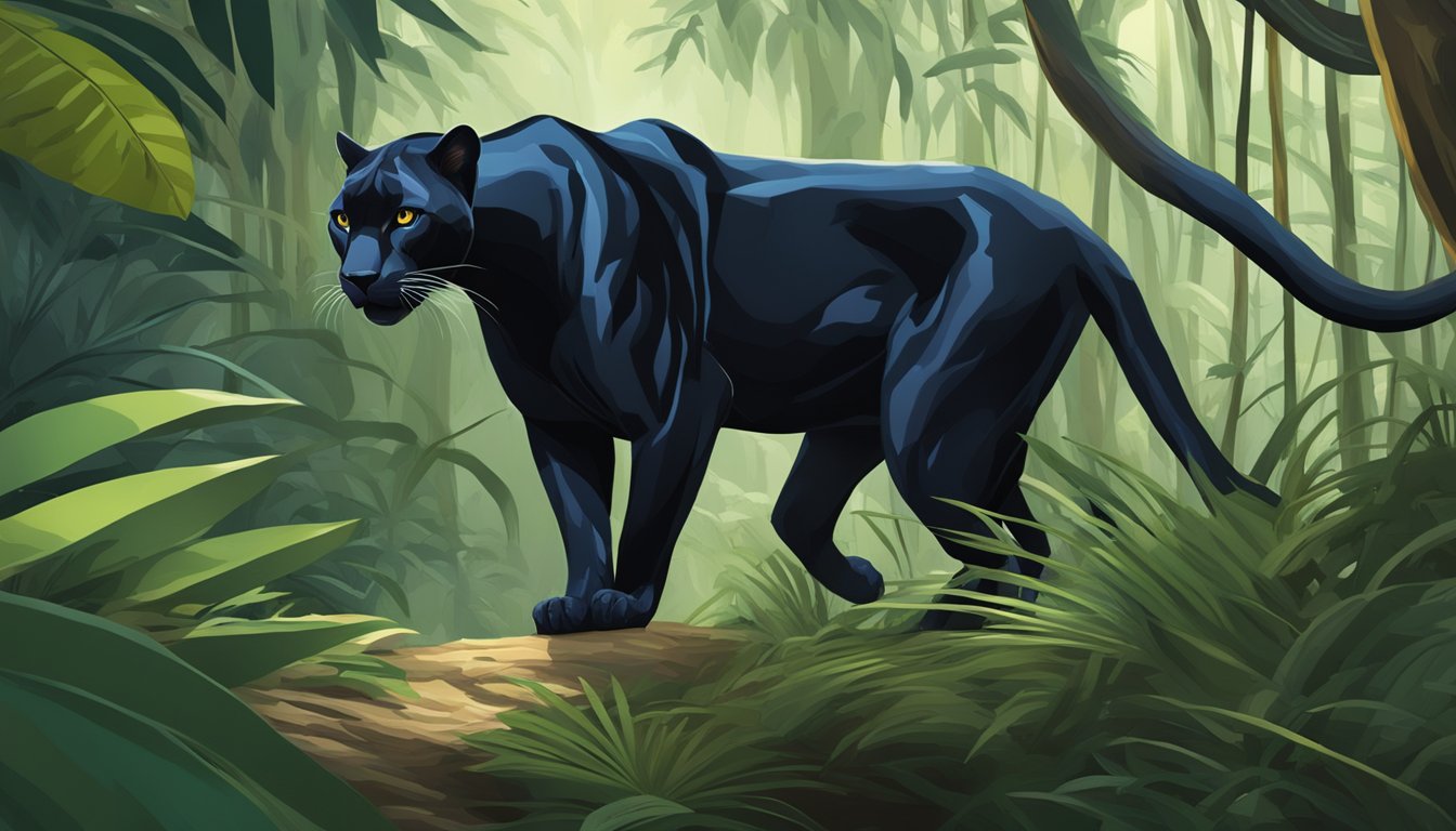 A sleek panther stalks through the dense jungle, its sinewy muscles rippling beneath its coat as it moves with silent precision towards its prey