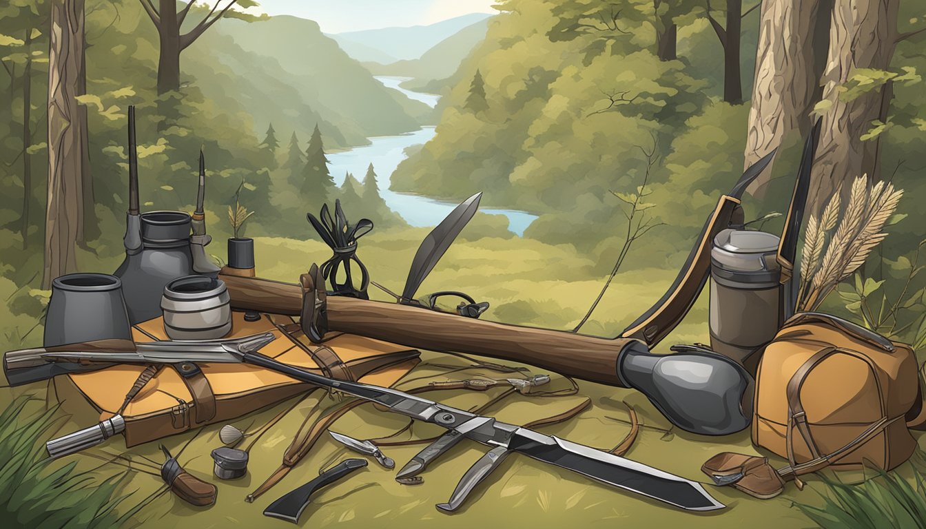 A hunter's tools laid out in a poetic arrangement, with a bow, arrows, and a knife set against a backdrop of nature