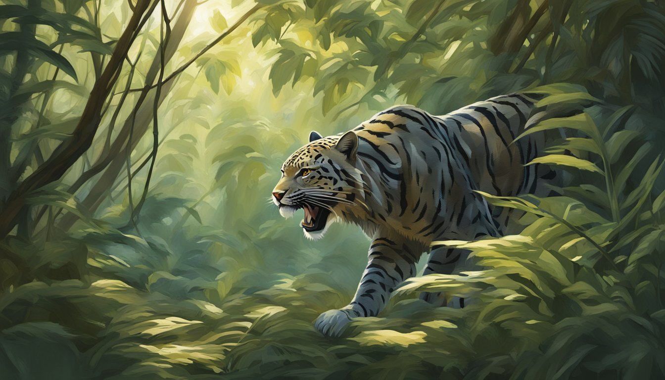 A lone predator prowls through the dense underbrush, its sleek form blending seamlessly with the dappled sunlight filtering through the leaves