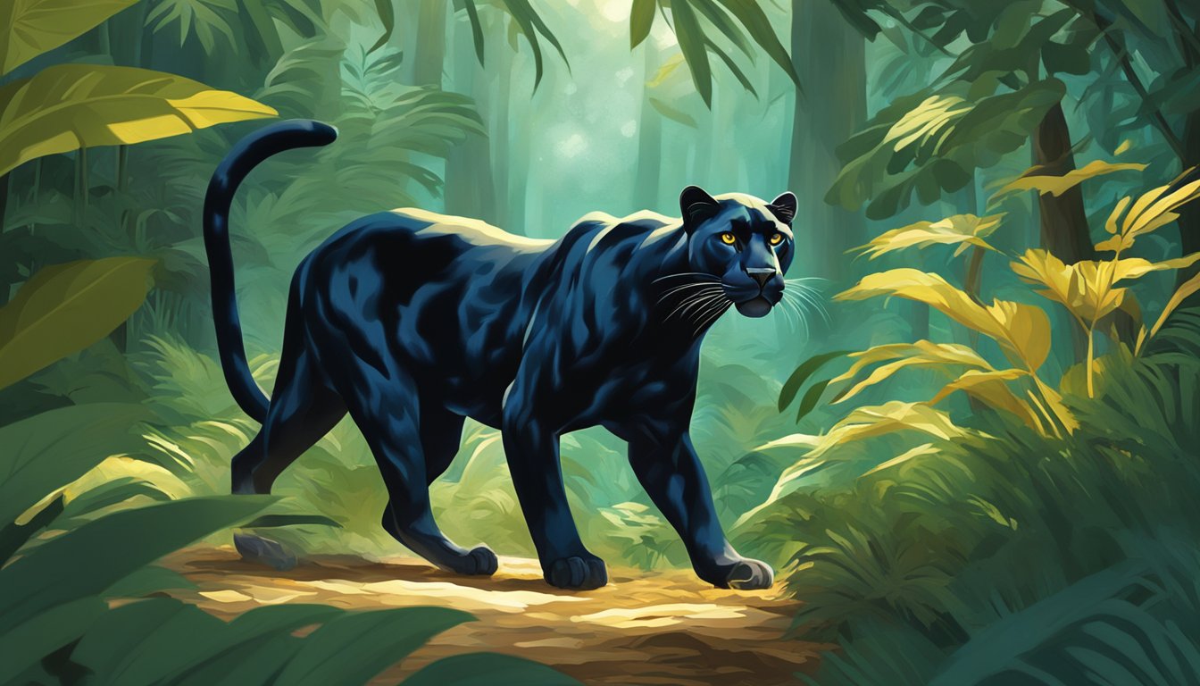 A sleek panther stalks through the dense jungle, its golden eyes fixed on its prey. The dappled sunlight filters through the leaves, casting a mesmerizing pattern on the forest floor