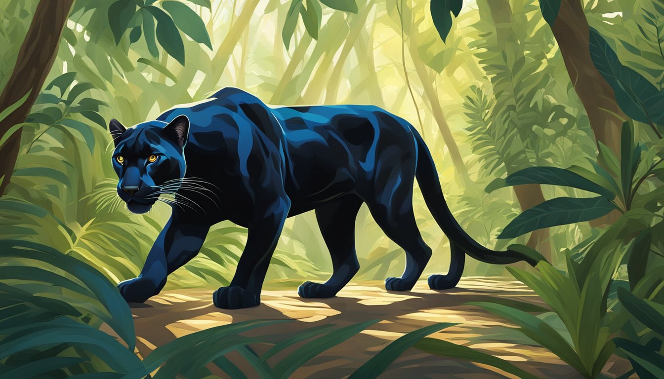 A sleek panther stalks through the dense jungle, its sinewy muscles rippling beneath its glossy coat. The dappled sunlight filters through the leaves, casting a mesmerizing pattern on the forest floor