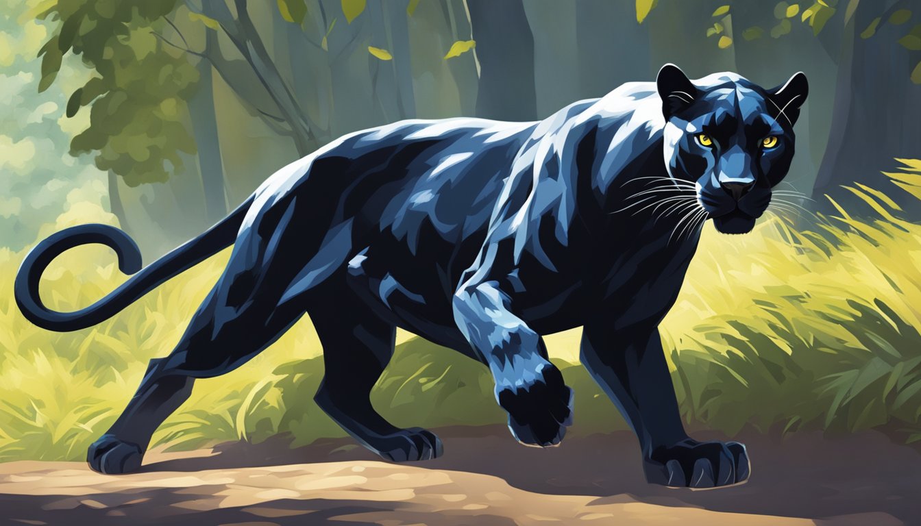 A sleek panther crouches in the dappled shadows, eyes fixed on its prey. The tension in its powerful muscles is palpable as it prepares to strike