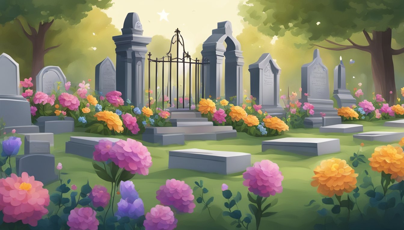 A serene graveyard with colorful flowers, candles, and small ornaments adorning the grave plots