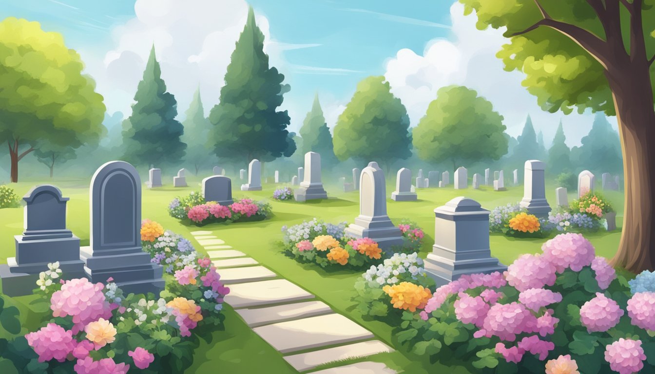 A serene cemetery plot with fresh flowers and neatly arranged decorations