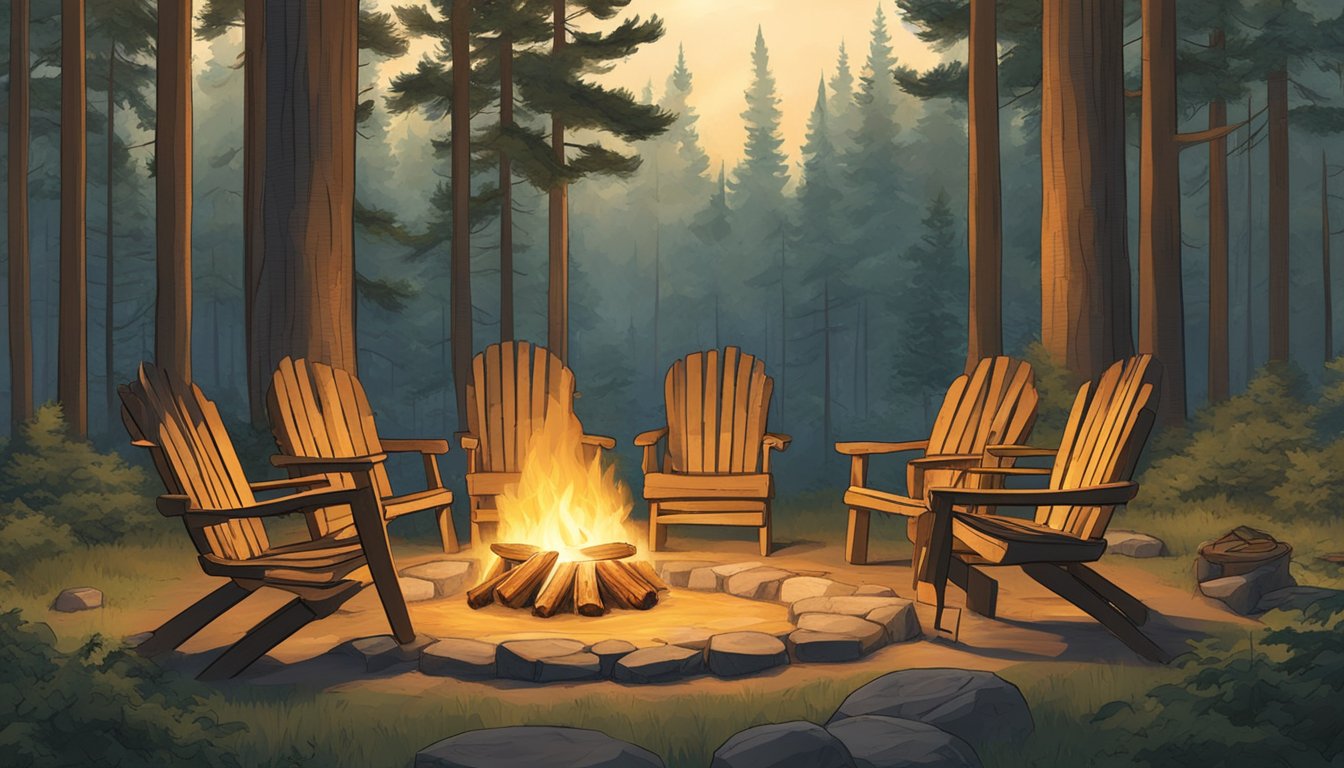 A circle of weathered chairs around a crackling campfire, surrounded by tall trees and the sounds of the wilderness