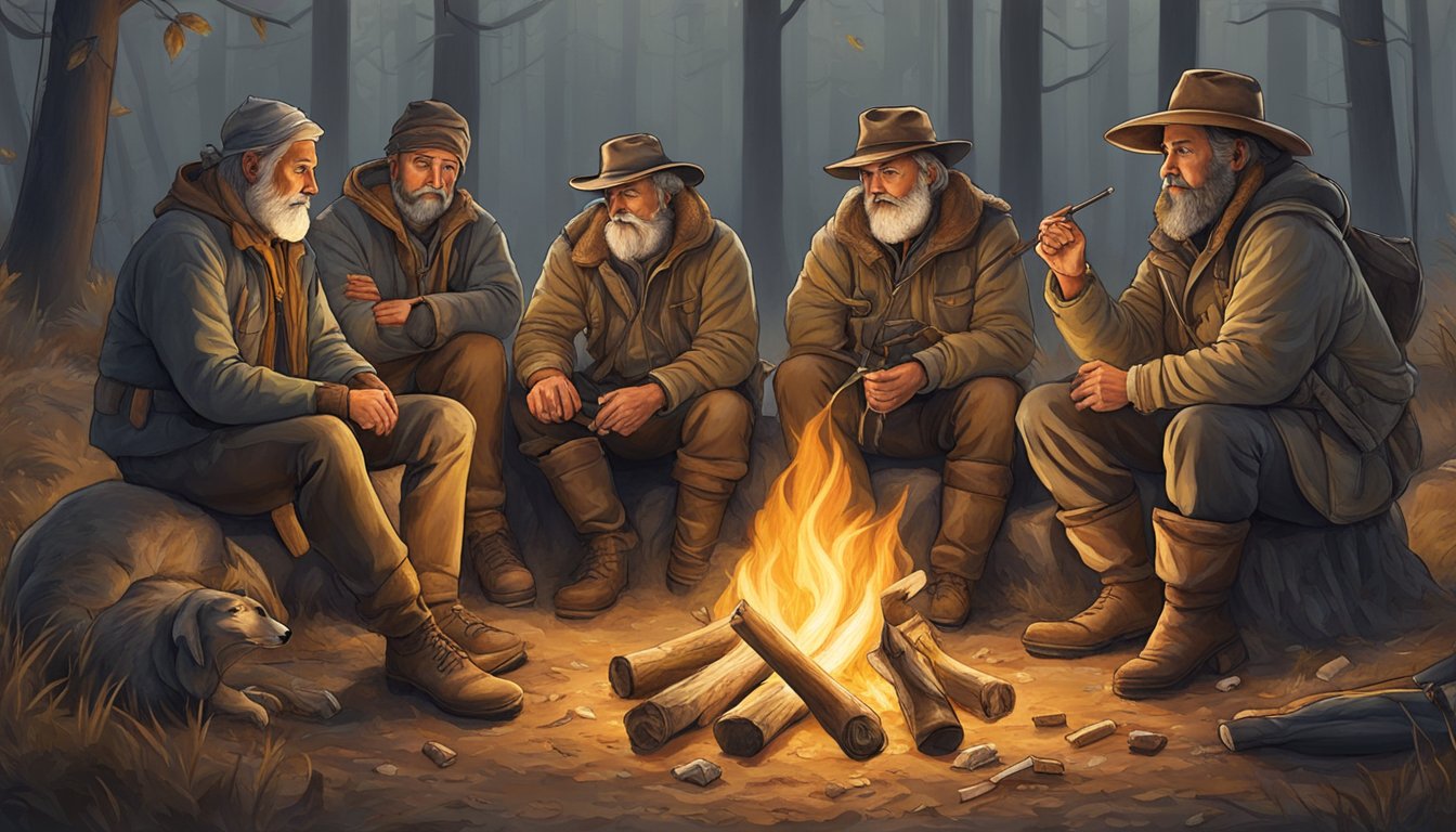 A group of seasoned hunters gather around a crackling campfire, sharing stories and wisdom as they prepare for the upcoming hunt