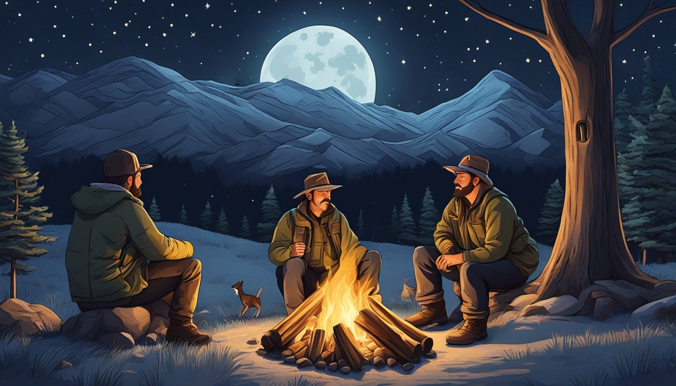 A crackling campfire surrounded by seasoned hunters sharing stories under a starry night sky