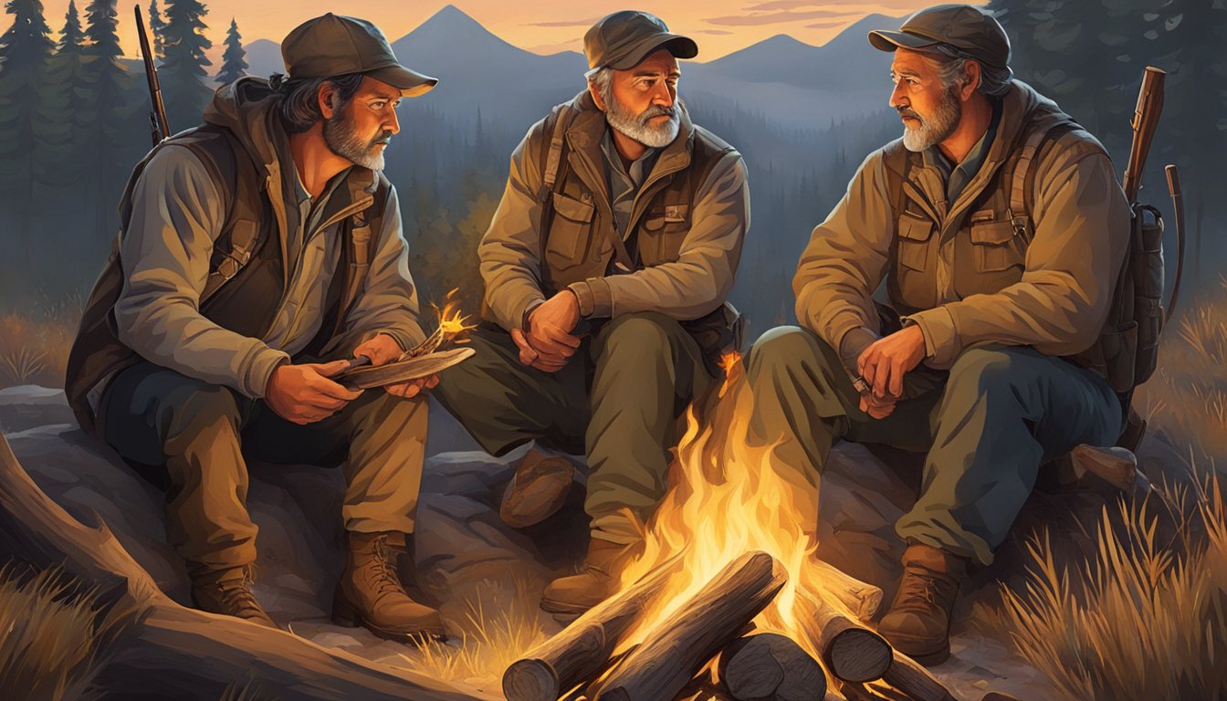 A group of seasoned hunters gather around a campfire, sharing stories and discussing hunting techniques and tracking methods. The fire crackles and casts a warm glow on their faces as they exchange knowledge and wisdom