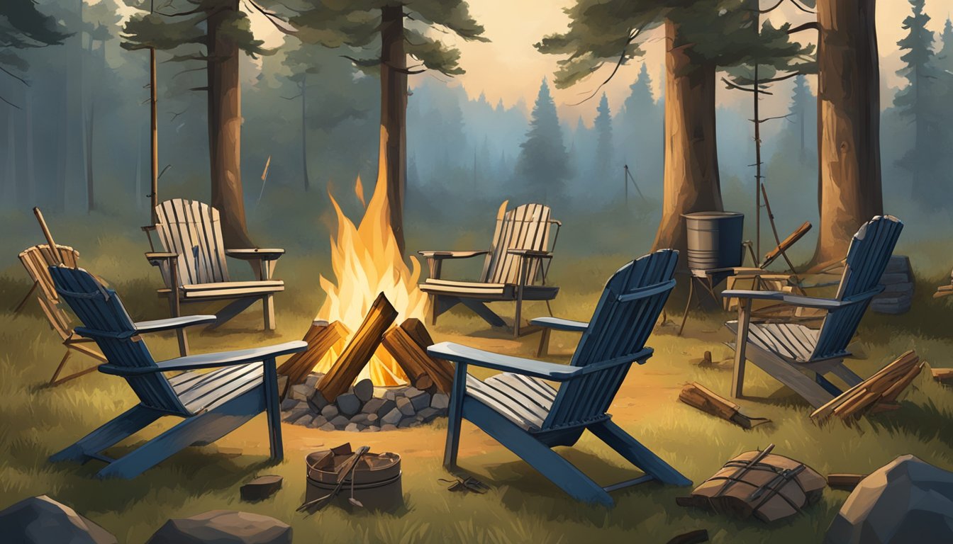 A circle of weathered camping chairs around a crackling fire, with hunting gear and trophies displayed on the surrounding trees