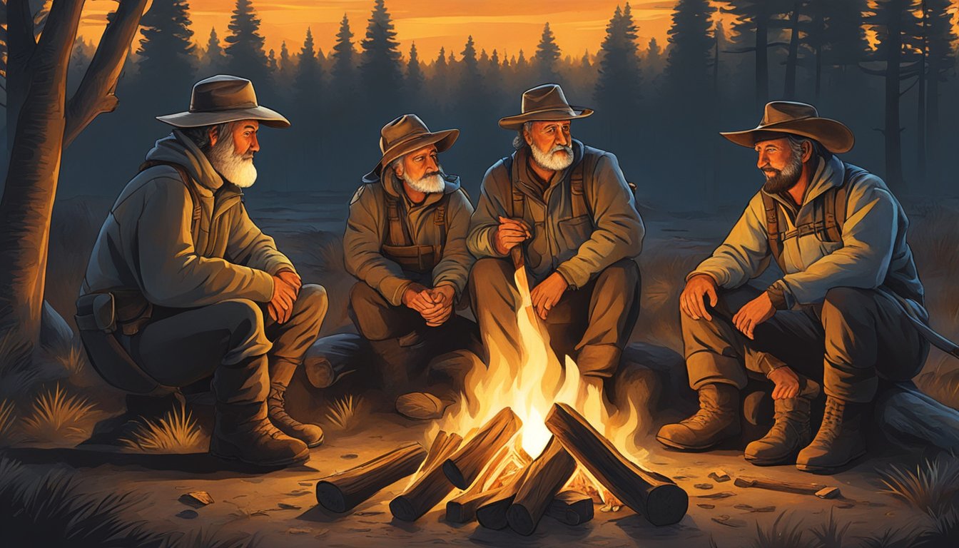 A group of seasoned hunters gather around a campfire, sharing stories and lessons learned. The fire casts a warm glow on their faces as they speak earnestly