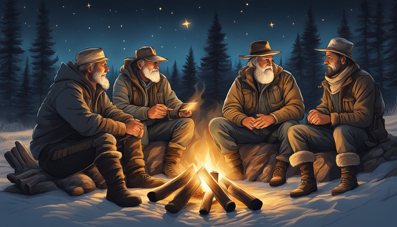 A group of seasoned hunters sit around a crackling campfire, sharing stories and wisdom as the night sky twinkles above