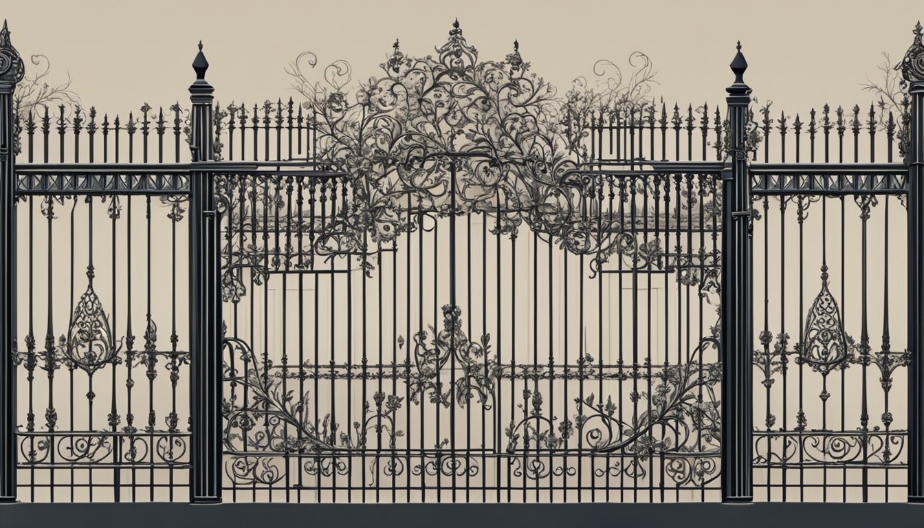 A wrought iron fence surrounds a grave plot, adorned with intricate designs and delicate details