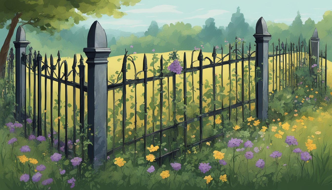 A weathered, iron fence encircles a somber grave plot, adorned with wilted flowers and overgrown with weeds