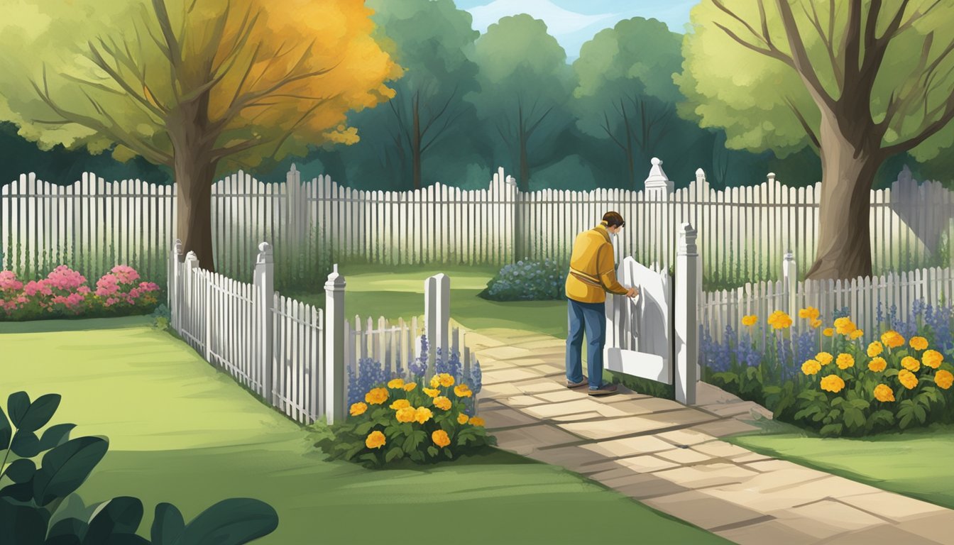 A person painting a wooden fence surrounding a well-kept grave plot