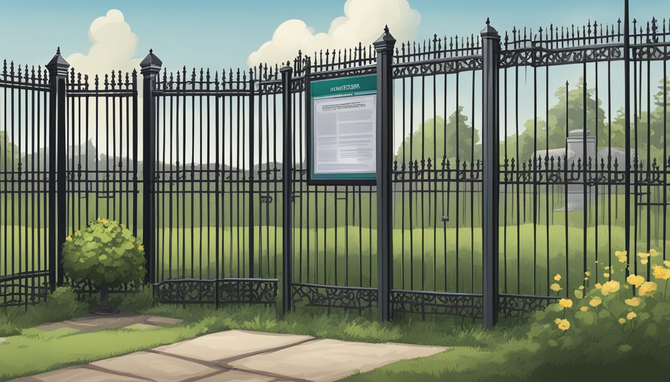 A tall, sturdy metal fence surrounds a somber, well-kept grave plot, adorned with official regulatory compliance notices