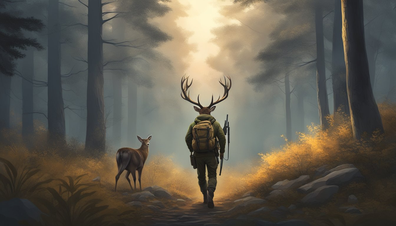 A hunter carrying a large deer on their back through a dense forest at dusk, the weight of the harvest evident in their determined stance